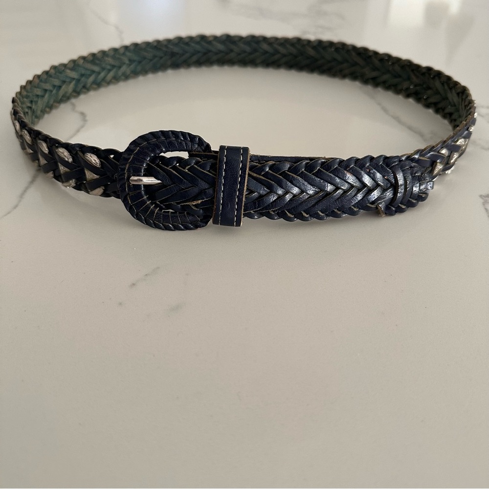 Vintage Anthropologie Western Style Braided Leather Silver Belt Navy Blue Medium - Picture 4 of 8